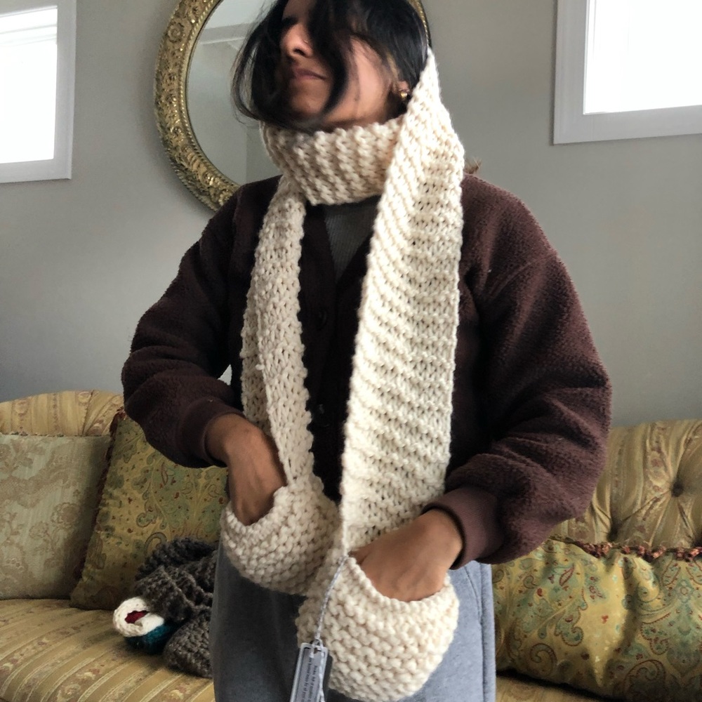 White fluffy pocket scarf handmade knit
